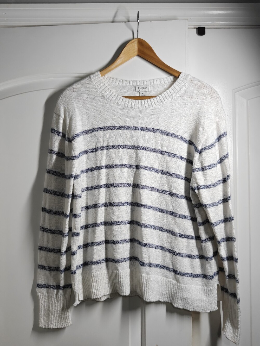 J.CREW Womens L White Blue Striped Knit Sweater Cotton Blend Beach Nautical